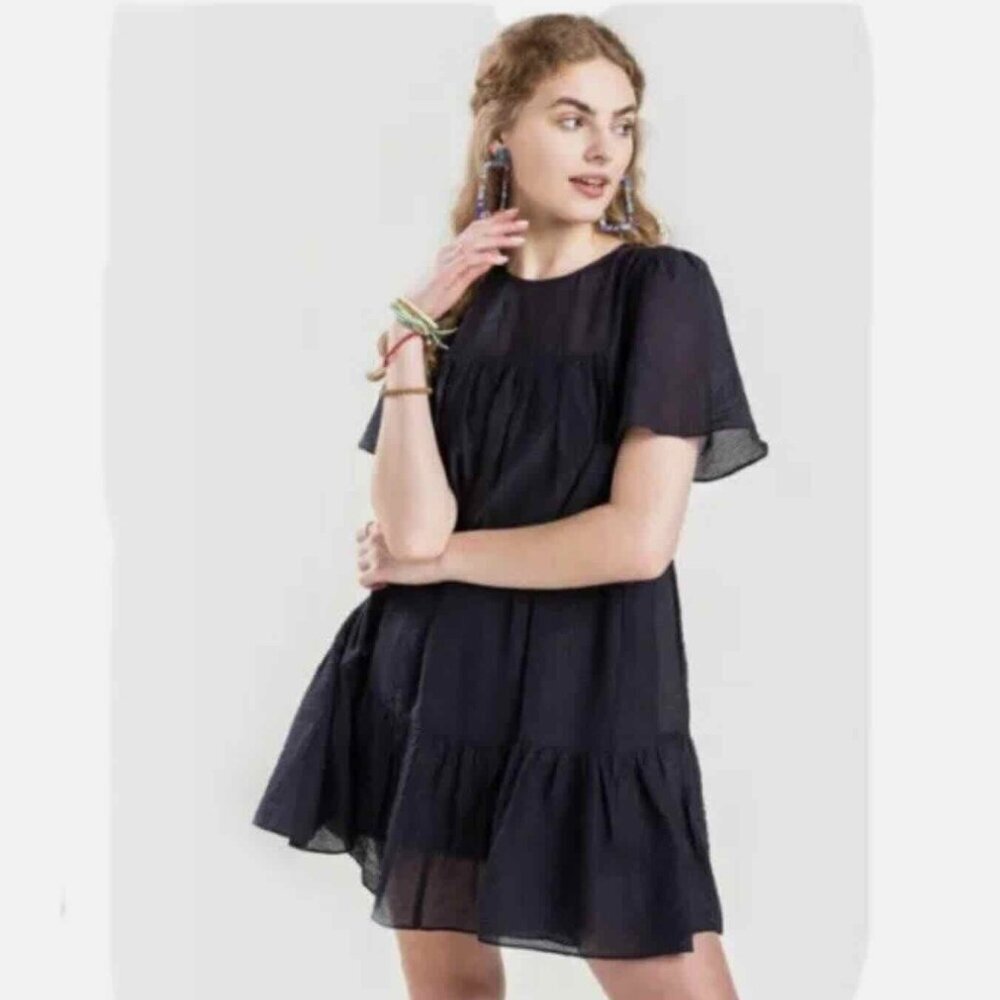 FRANCESCA’S Mi Ami Navy Babydoll Tiered Ruffled Lined Mini Dress Size S Boho